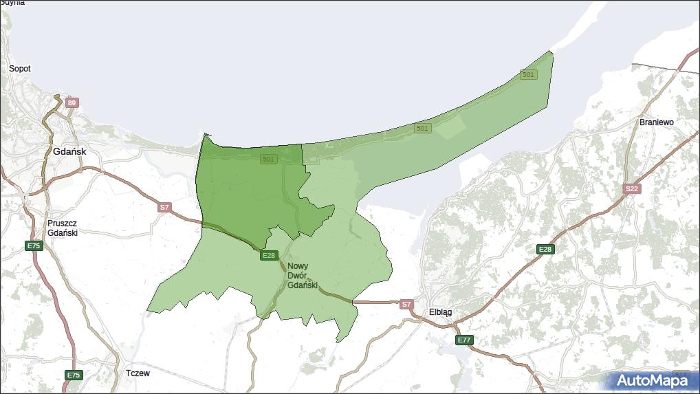 Gmina Stegna, powiat nowodworski, województwo pomorskie na mapie Targeo