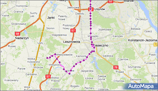 Autobus 727 - trasa CM.POŁUDNIOWY-BRAMA PŁD. AN - METRO WILANOWSKA. ZTM Warszawa na mapie Targeo